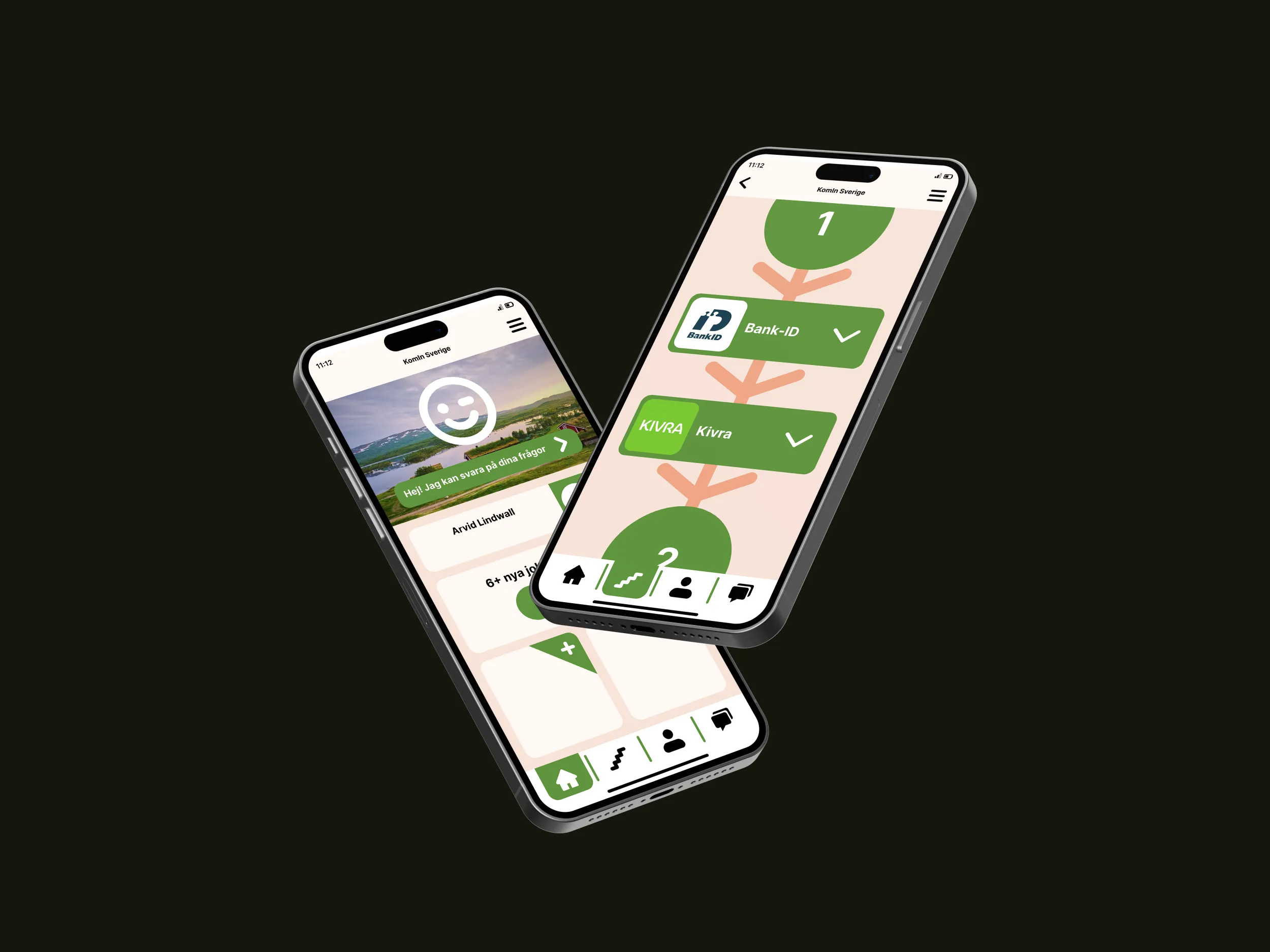Mockup av två designs åt KomIn Sveriges app.