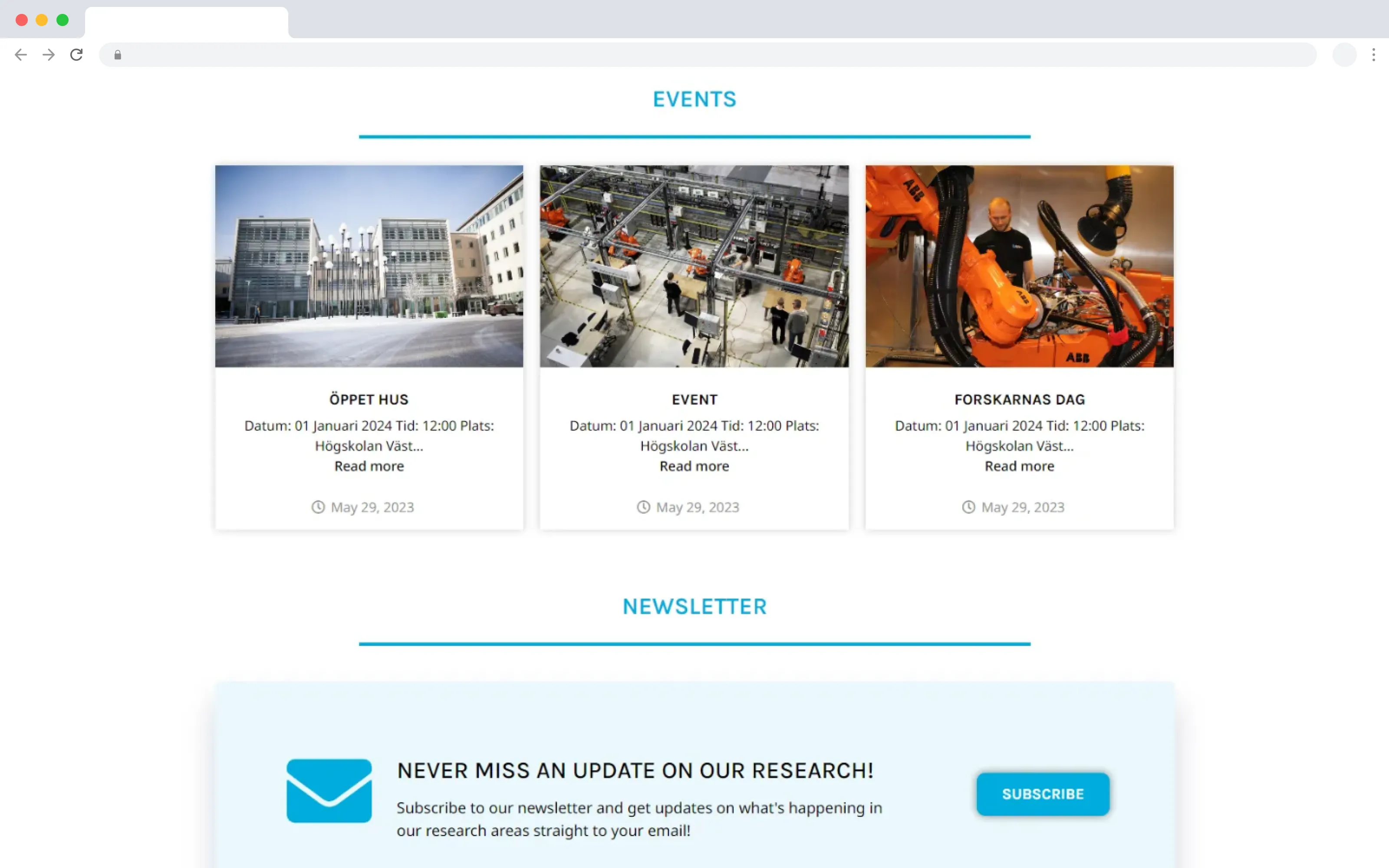 Bild på en nyhetsbrevs design av Högskolan Västs institution för ekonomi och ITs landningssida.